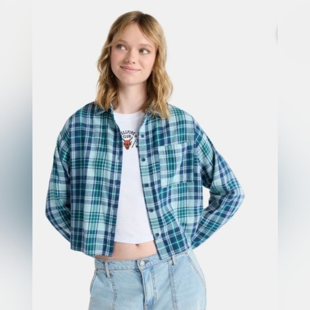 Netflix Stranger Things Hawkins WSQK 94.5 FM Plaid Cropped Flannel Shirt